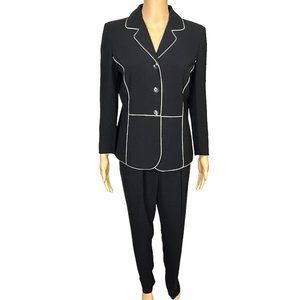 Vintage Focus 2000‎ Womens 8 Black w/ White Trim Belted Pants Suit Jacket Blazer